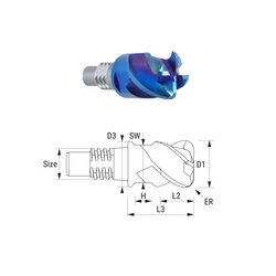 Kép 1/2 - 38313123 D12 R2,0 Z4 naco blue keményfém cserélhető másoló marófej sarokrádiusszal